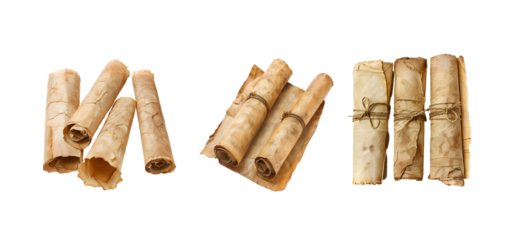 Ancient rolled parchment scrolls vintage aged manuscript old paper collection isolated on transparent background,