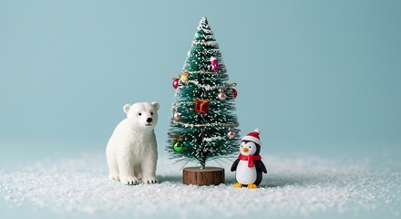 Polar bear and penguin figurines beside a decorated Christmas tree on snowy surface