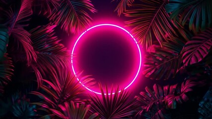 Vibrant neon pink circle framed by lush tropical leaves in a dark, moody jungle setting - Powered by Adobe