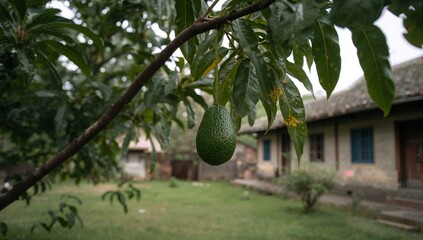 A vibrant green avocado hangs from a branch of a lush tree, showcasing a rural setting with a traditional home in the background.