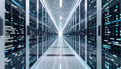 A long, reflective corridor lined with rows of tall, dark server racks.  Sparkling particles float in the air, creating a futuristic feel.  The floor is highly polished, mirroring the scene