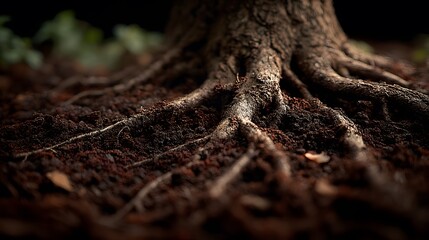 The intricate network of tree roots spreads out from the base of the trunk into the dark soil, showcasing natures connection to the earth in a natural setting.