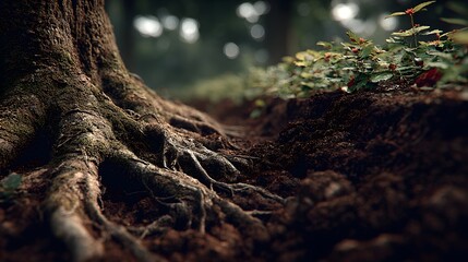Obraz premium The intricate root system of a mature tree is exposed above the damp earth near sprouting plants, offe a glimpse into the hidden world beneath the forest floor.