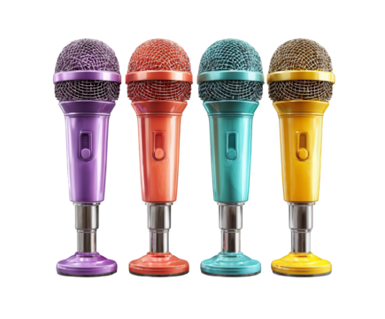Four colorful microphones, purple, orange, teal, and yellow, standing side by side isolated on transparent background