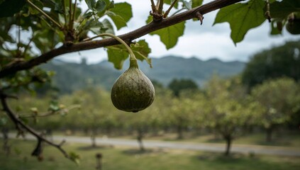 A single, unripe fig hangs from a branch in a lush orchard, set against a backdrop of rolling hills and verdant trees.