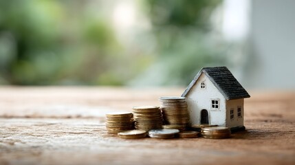 Miniature house with growing stacks of coins representing financial growth and investment
