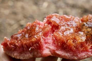 Vibrant red raw fruit pulp, showcasing its delightful organic texture. fresh and healthy treat...