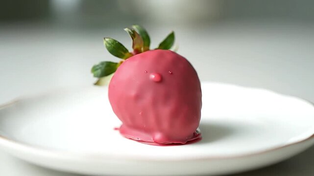 Close-up of a delicious pink chocolate-covered strawberry with vibrant green leaves on a pristine white plate perfect for dessert sweet treats and romantic gest
