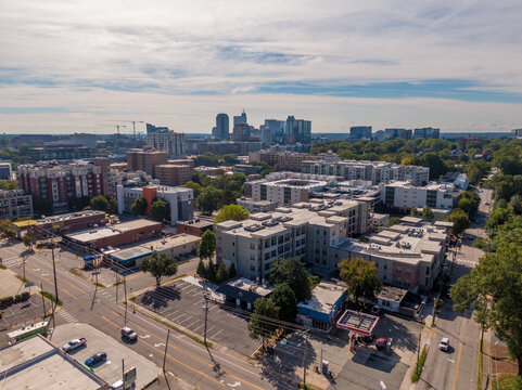 Various Late Morning Drone Images of Downtown Raleigh And Surrounding Neighborhoods Including Seaboard, Glenwood South, Village District, and Smoky Hollow. 