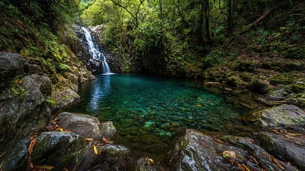 A tranquil waterfall cascading into a crystal-clear pool nestled within a lush, green rainforest.