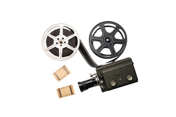 Obraz premium Vintage film camera reels and celluloid strips with tickets retro movie equipment cinema memorabilia, isolated on a transparent background