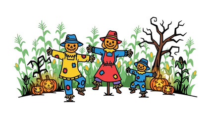 Autumn Trio: A colorful autumn illustration features a trio of scarecrows, embodying the spirit of autumn with smiling faces among pumpkins, the harvest season.
