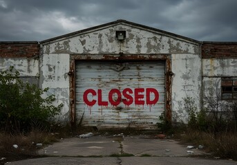 Fototapeta premium CLOSED Graffiti on Weathered Garage Door in Post Industrial Ruins Representing Economic Collapse