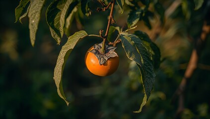 An orange persimmon fruit hangs from a branch, highlighted by the warm light, amongst lush, dark green foliage.