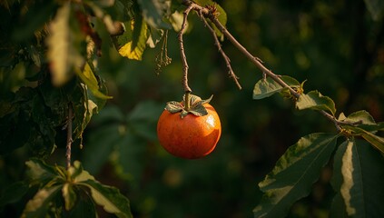 A vibrant, orange fruit hangs from a branch laden with lush, green leaves, bathed in the warm glow of sunlight.