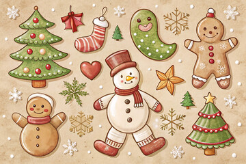 Whimsical Christmas Illustrations of Gingerbread Men Snowman Trees and Snowflakes holiday isolated on a transparent background
