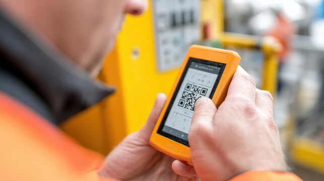 maintenance technical repair maintenance schedule concept. Worker using a smartphone to scan a QR code in an industrial setting.