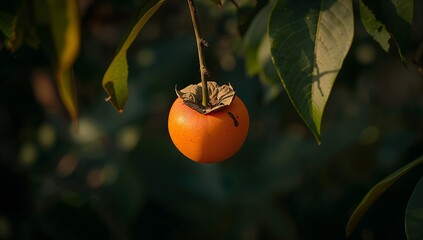 A single, vibrant orange persimmon hangs from a branch, bathed in warm sunlight, against a backdrop of dark green leaves.