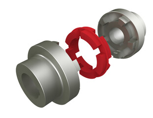 Precision Engineering Exploded: Flexible Jaw Coupling with Metallic Hubs and Red Elastomeric Spider. Crucial for Power Transmission, Vibration Control, and Smooth Rotation in Industrial Equipment.