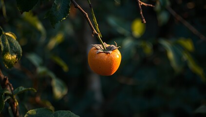 A single, vibrant orange persimmon hangs from a branch, bathed in warm sunlight, against a backdrop of deep green foliage.
