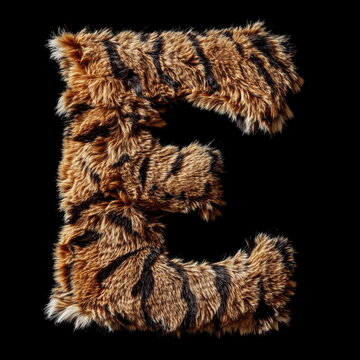 The letter "E" is made of tiger fur, against a black background