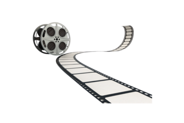 Film reel with unwinding celluloid strip creating curved motion path for movies, isolated on a transparent background