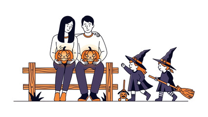 Spooky Family Halloween: A loving family, adorned with jack-o'-lanterns and witch costumes, enjoys the festive Halloween season, set against a minimalistic backdrop.