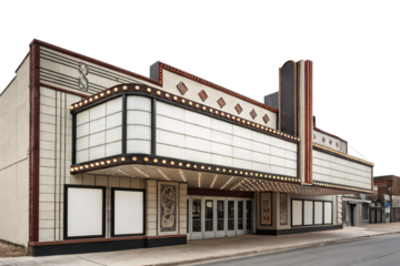 Large vintage cinema complex with art deco facade and illuminated marquee signage, isolated on a transparent background