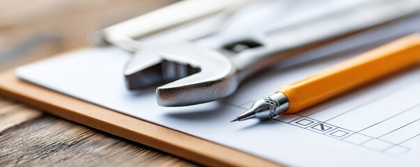 maintenance technical repair maintenance schedule concept. Tools and paperwork on a wooden surface for project planning.
