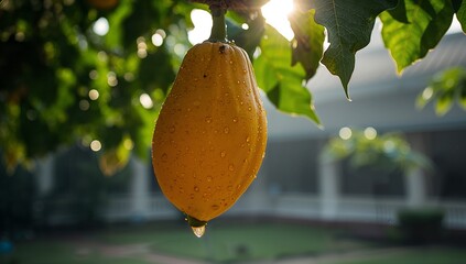 A vibrant, glistening papaya fruit hangs from a tree branch, bathed in sunlight and morning dew.