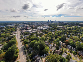 Various Late Morning Drone Images of Downtown Raleigh And Surrounding Neighborhoods Including Seaboard, Glenwood South, Village District, and Smoky Hollow. 
