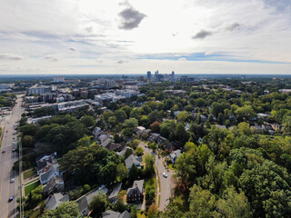 Various Late Morning Drone Images of Downtown Raleigh And Surrounding Neighborhoods Including Seaboard, Glenwood South, Village District, and Smoky Hollow. 