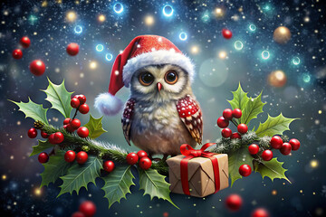 Whimsical Owl in Santa Hat on Holly Branch with Gift and Bokeh Lights Christmas holiday isolated on a transparent background