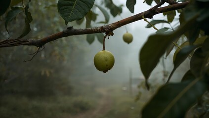 A single, vibrant green fruit hangs from a branch, bathed in the soft morning mist.