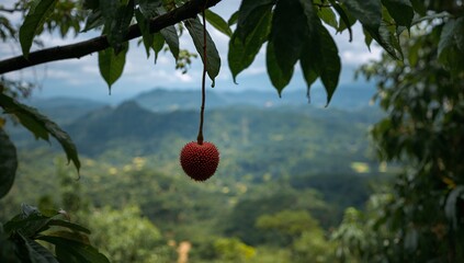 A vibrant red fruit hangs from a branch, framed by lush green foliage, showcasing a tranquil mountain vista in soft focus.