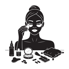 Vector art of woman applying facial mask and eye patches with beauty products like serum, compact, brush and pillow