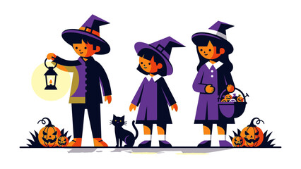 Spooky Gathering: A trio of young witches and their feline companion stand amid pumpkins and lantern, ready to spread holiday cheer.