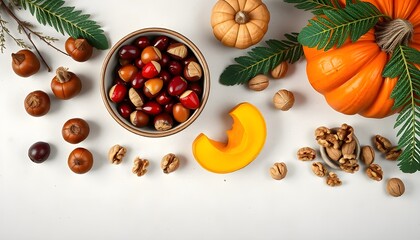 Thanksgiving Harvest Flat Lay with Autumn Vegetables and Copy Space