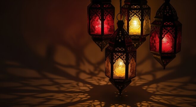 ornate moroccan lanterns casting intricate shadows with warm glowing lights in dim ambiance