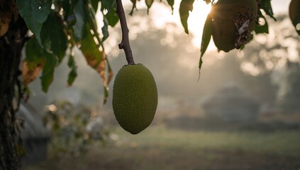 A vibrant green jackfruit hangs from a branch, bathed in soft morning light, as the sun peeks through the misty foliage.