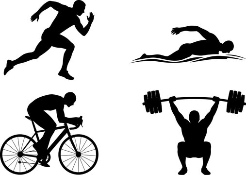 Four silhouettes depict athletic activities: running, swimming, cycling, and weightlifting.