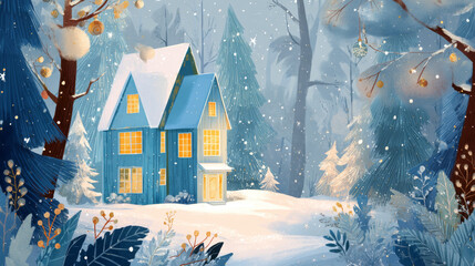 Cozy blue house with glowing yellow windows, nestled in a snowy forest of tall trees. Snow is falling, creating a peaceful and magical atmosphere. Charming winter landscape. Generative AI