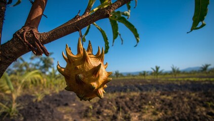 A spiky, golden fruit hangs from a branch against a backdrop of a rural landscape.