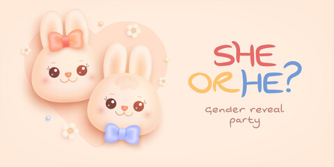 He or she. Boy or Girl. Cartoon gender reveal invitation template. Horizontal banner or greeting card with realistic cute bunny and flowers. Vector illustration