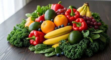 Abundant fresh fruits and vegetables displayed on a wooden table