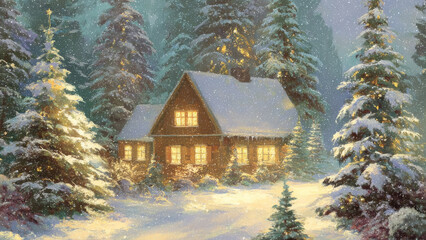 ?ozy wooden house with a triangular roof, nestled in the middle of a snowy forest. Snowflakes are falling from the sky. Charming winter landscape. Generative AI