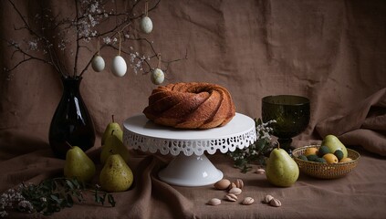 Elegant Easter Still Life with Cake, Pears, and Eggs
