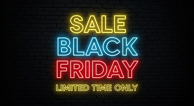 Neon Black Friday Sale Sign with Glowing Text on Dark Brick Wall Background Featuring Limited Time Offer Message

