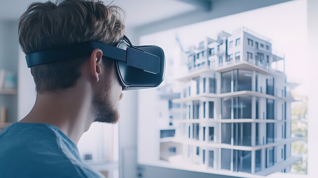 Man using vr headset to view architectural design of a modern building with large windows indoors