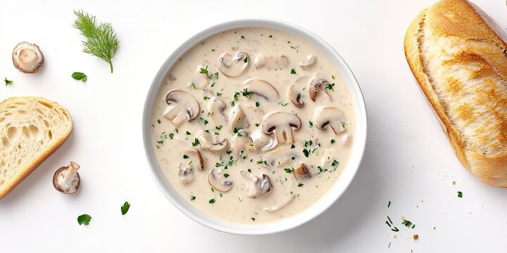 A white bowl of creamy mushroom soup garnished with herbs and sliced mushrooms, flanked by pieces of bread and fresh dill on a light background